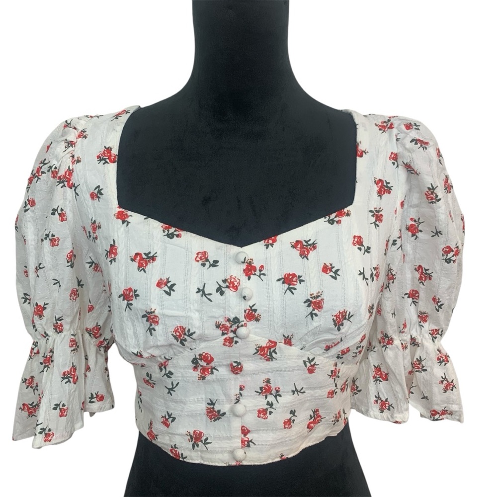 SHEIN Woman L Coquette Girl Milkmaid Floral Cropped Puffed Sleeve Tie-back Top